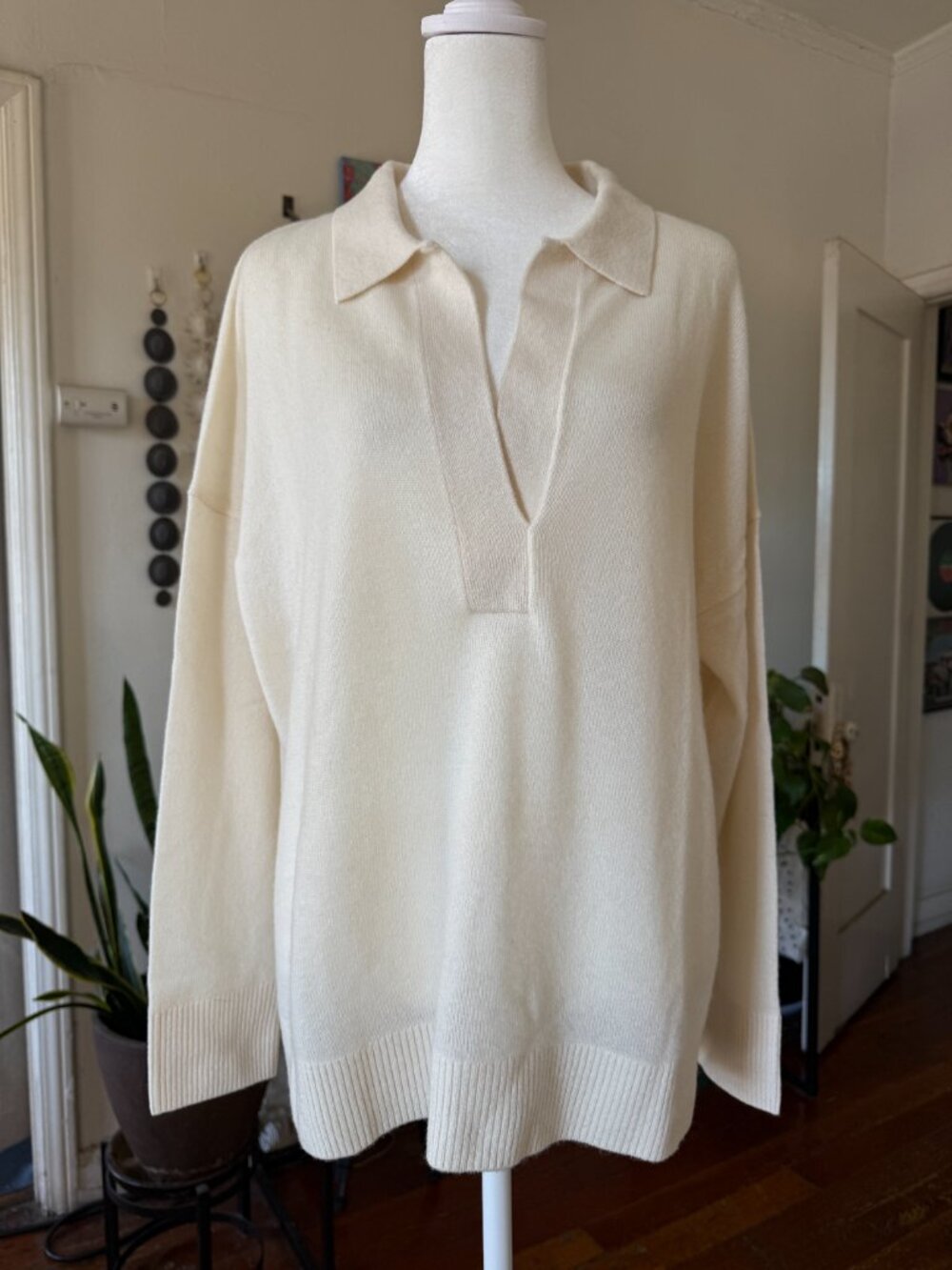 Quince Mongolian Cashmere Polo Sweater Ivory White Cream XL NWOT Collared Knit